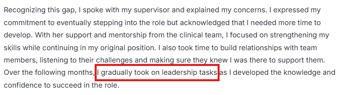 Screenshot of Michelle's personal statement that said she gradually took on new leadership tasks
