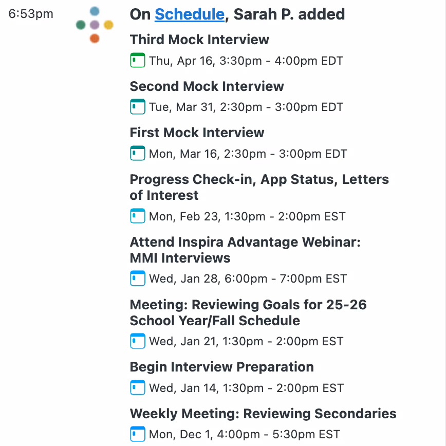 Image of Inspira Advantage's student dashboard, schedule log