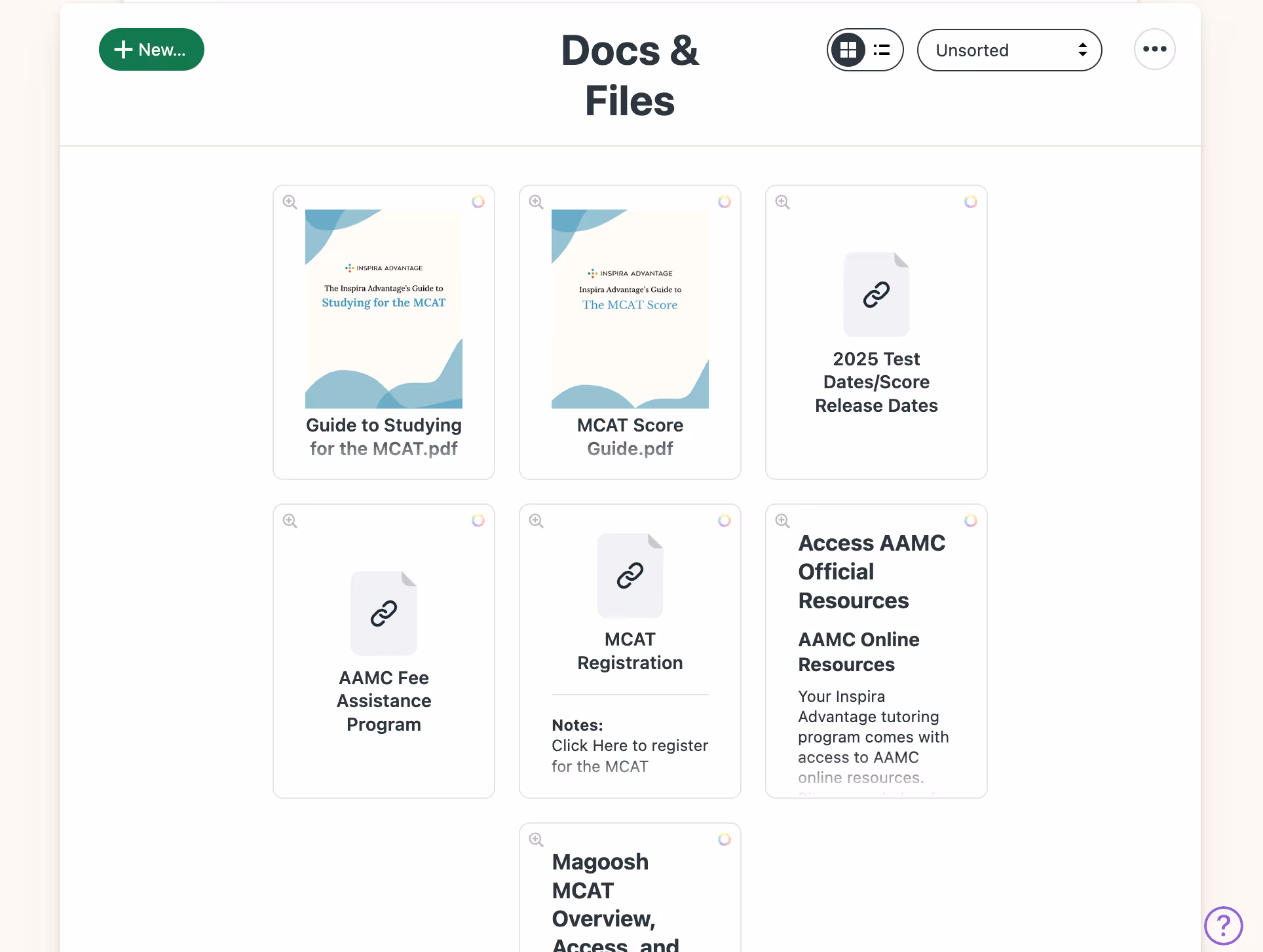 Image of Inspira Advantage's student dashboard, docs & files page