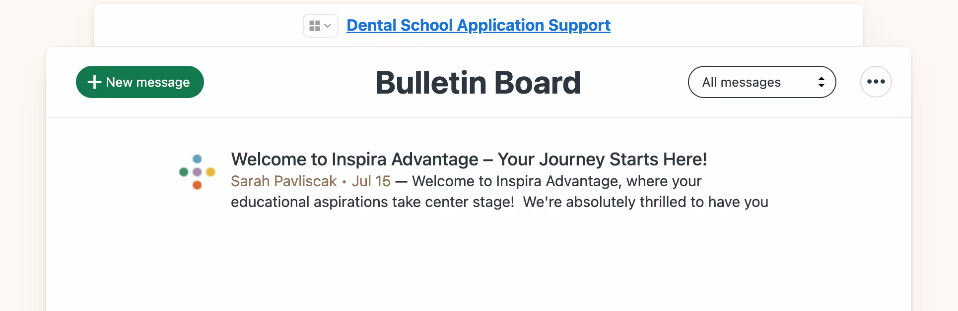 Image of Inspira Advantage's student dashboard, bulletin board