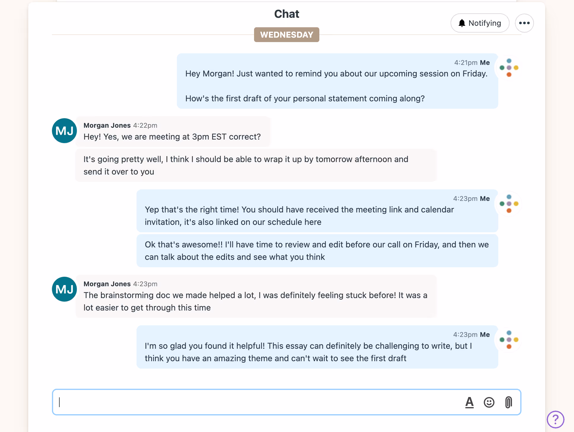 Image of Inspira Advantage's student dashboard, chat page