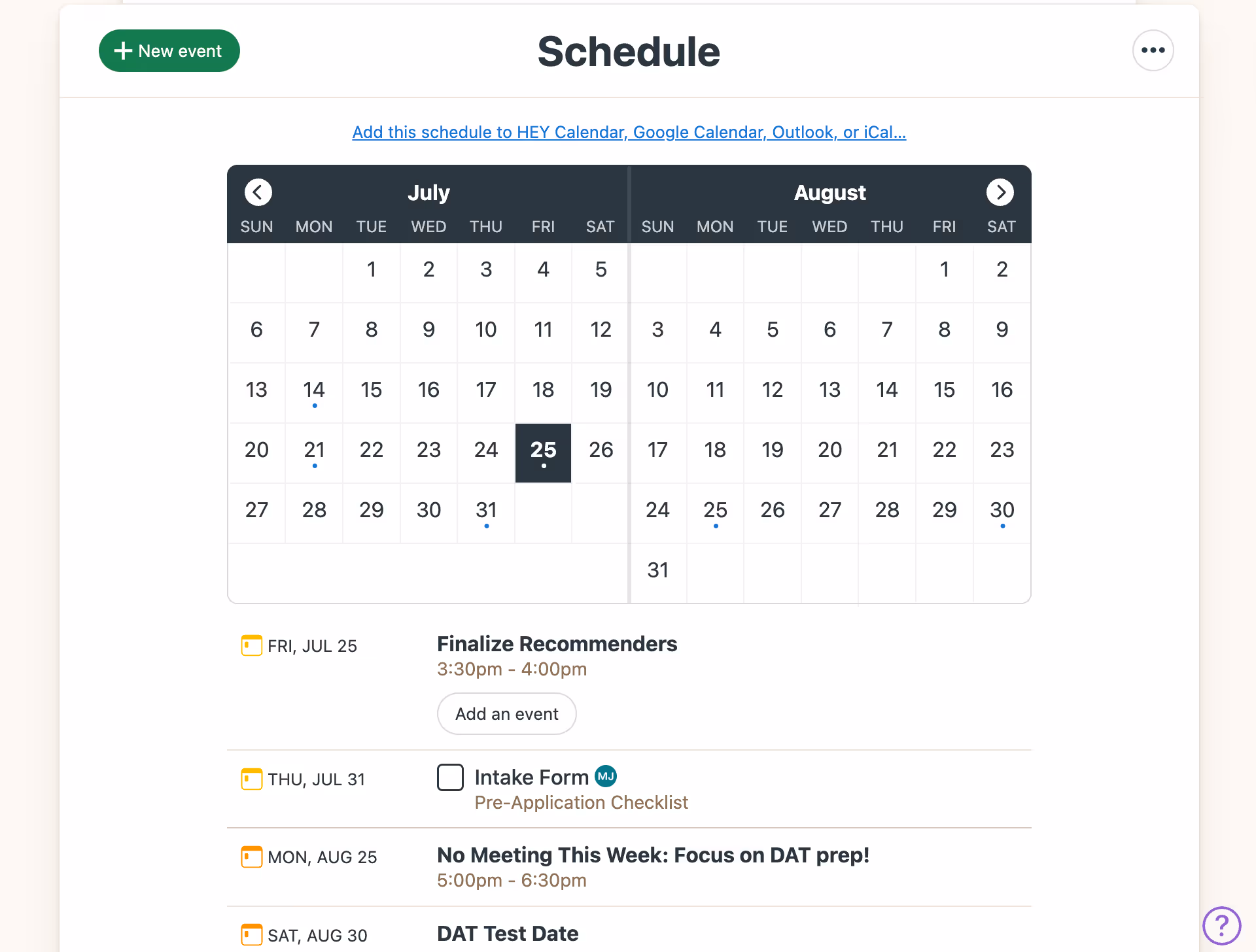 Image of Inspira Advantage's student dashboard, schedule page