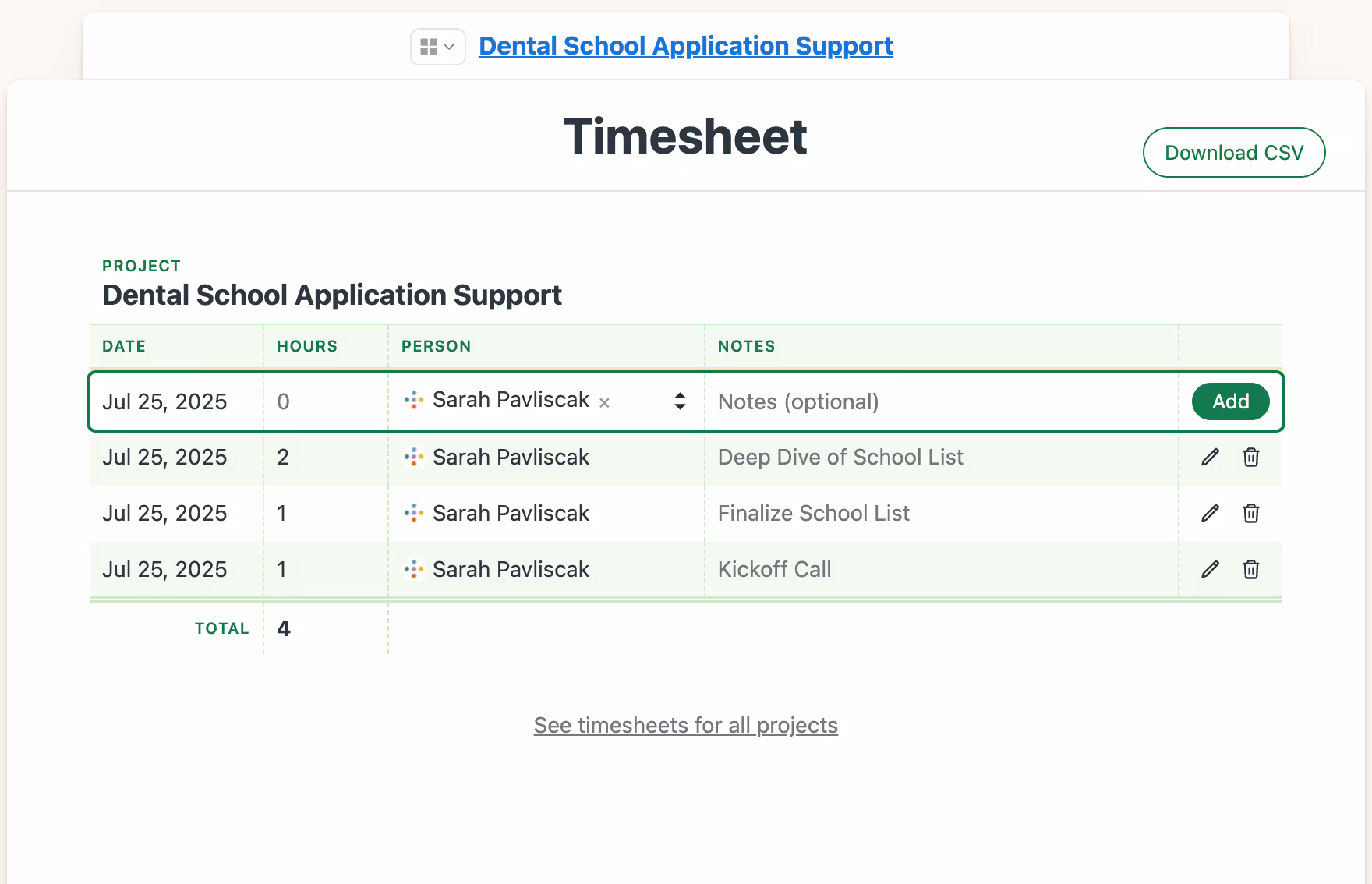 Image of Inspira Advantage's student dashboard, timesheet page