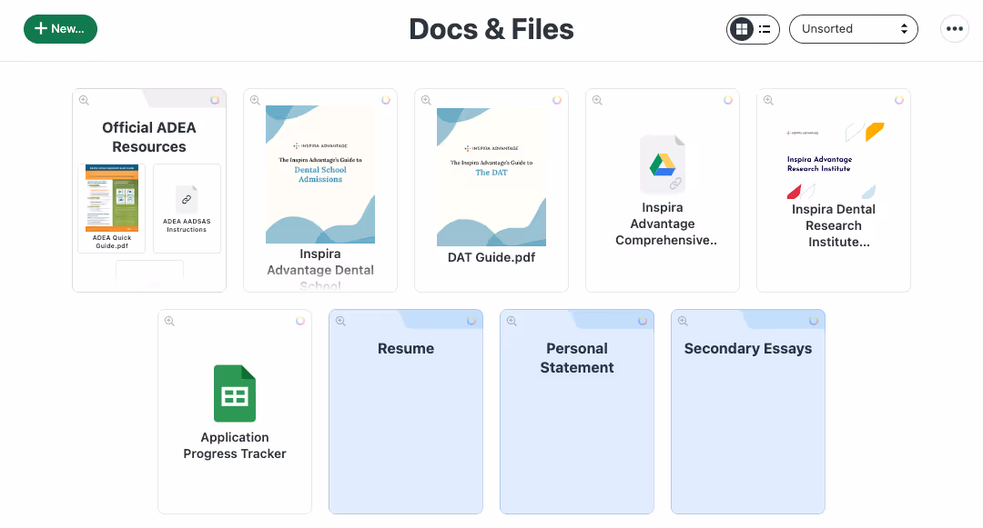Image of Inspira Advantage's student dashboard, docs & files page