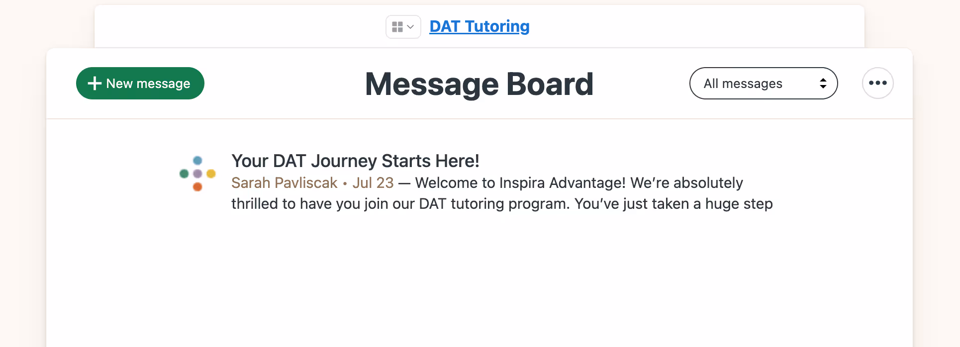 Image of Inspira Advantage's student dashboard, bulletin board