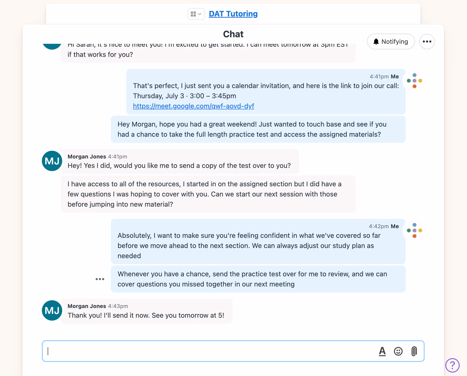 Image of Inspira Advantage's student dashboard, chat page