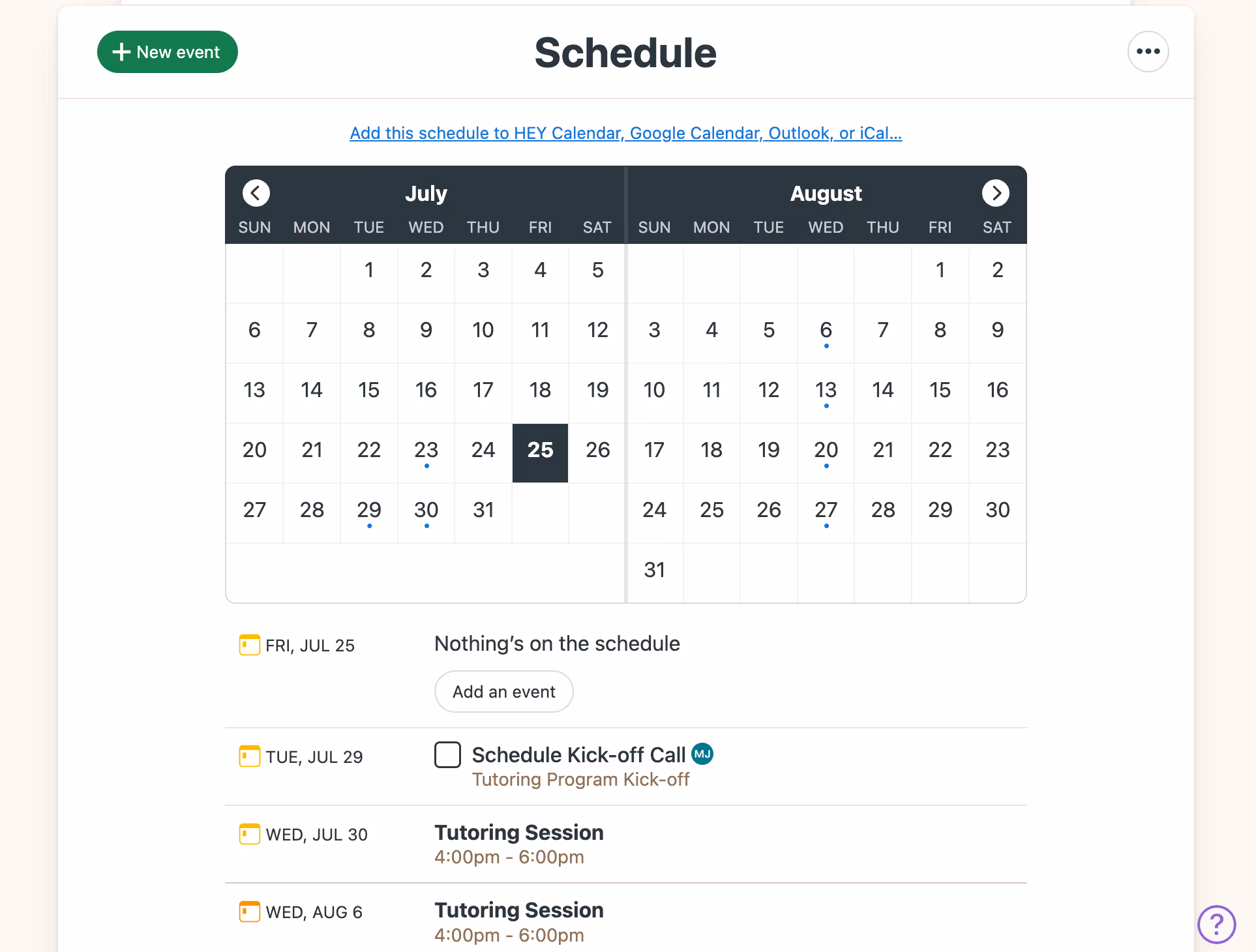 Image of Inspira Advantage's student dashboard, schedule page