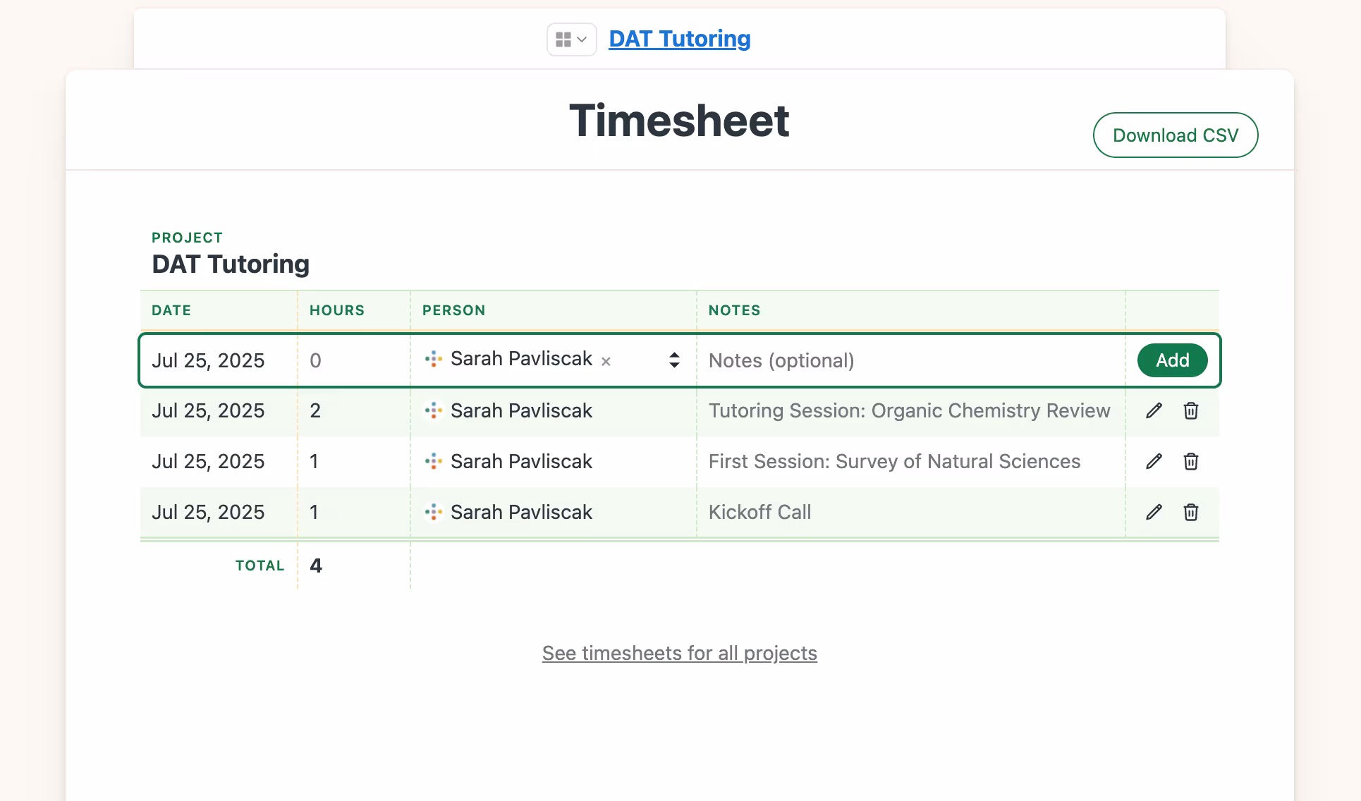 Image of Inspira Advantage's student dashboard, timesheet page