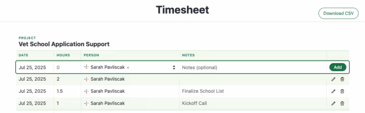 Image of Inspira Advantage's student dashboard, timesheet page