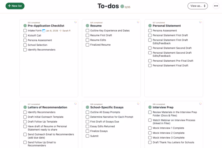 Image of Inspira Advantage's student dashboard, To-Do's list page