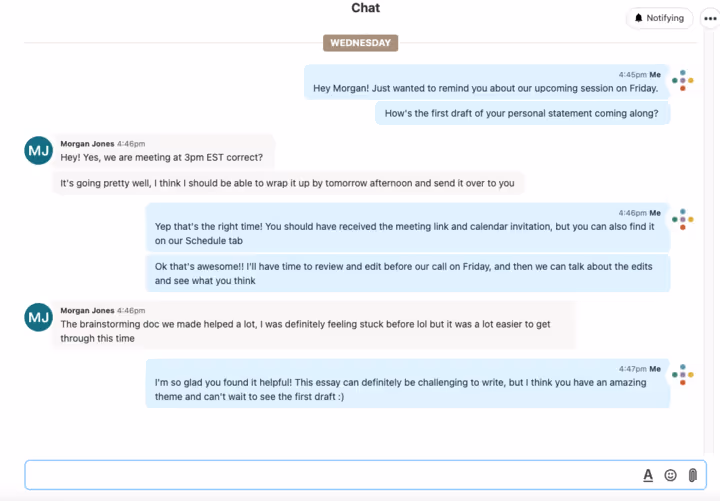 Image of Inspira Advantage's student dashboard, chat page