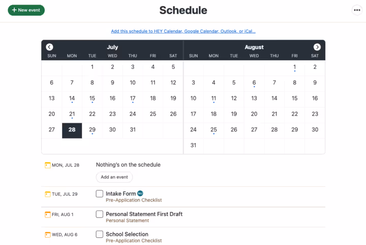 Image of Inspira Advantage's student dashboard, schedule page