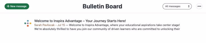 Image of Inspira Advantage's student dashboard, bulletin board