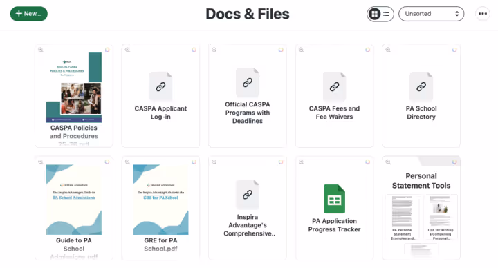 Image of Inspira Advantage's student dashboard, docs & files page