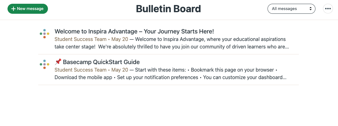 Image of Inspira Advantage's student dashboard, bulletin board