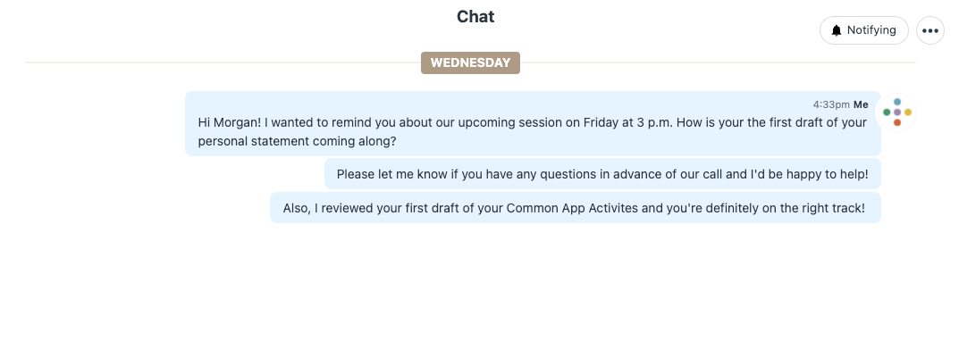 Image of Inspira Advantage's student dashboard, chat page