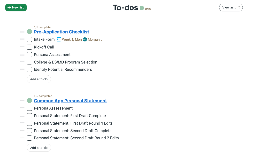 Image of Inspira Advantage's student dashboard, To-Do's list page
