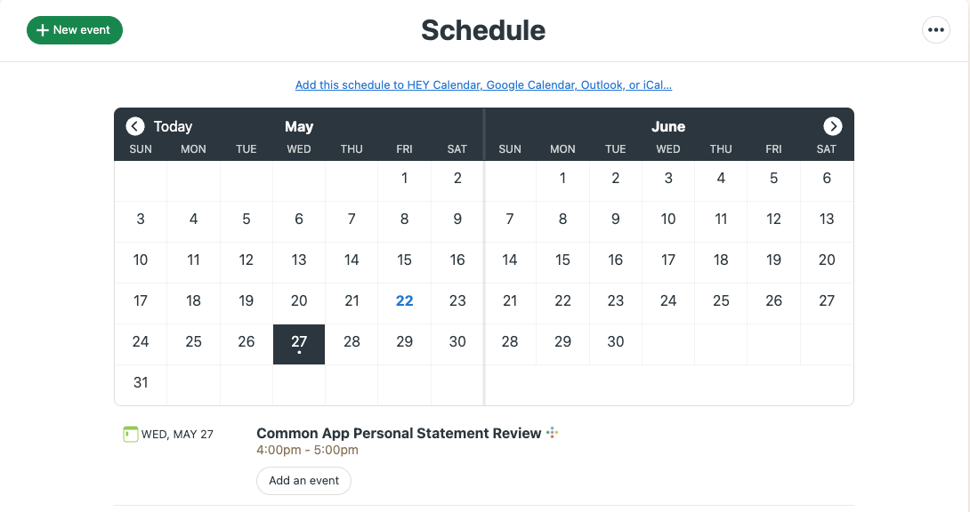 Image of Inspira Advantage's student dashboard, schedule page