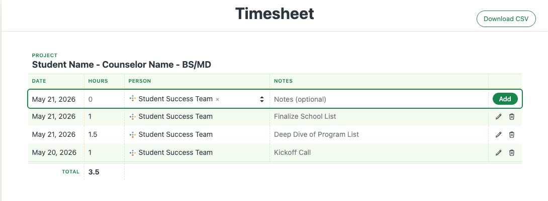 Image of Inspira Advantage's student dashboard, timesheet page