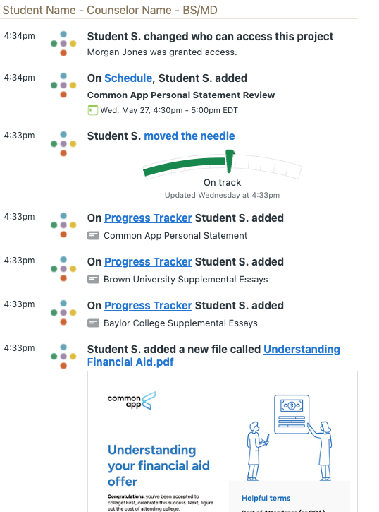 Image of Inspira Advantage's student dashboard, schedule log