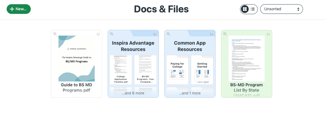 Image of Inspira Advantage's student dashboard, docs & files page