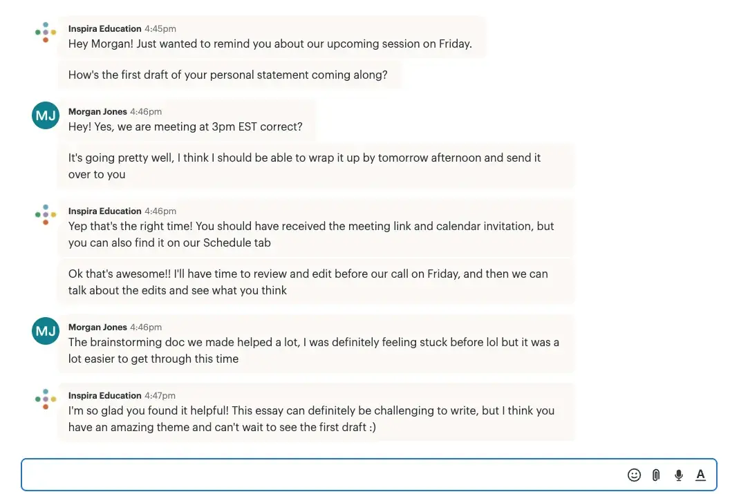 Image of Inspira Advantage's student dashboard, chat page
