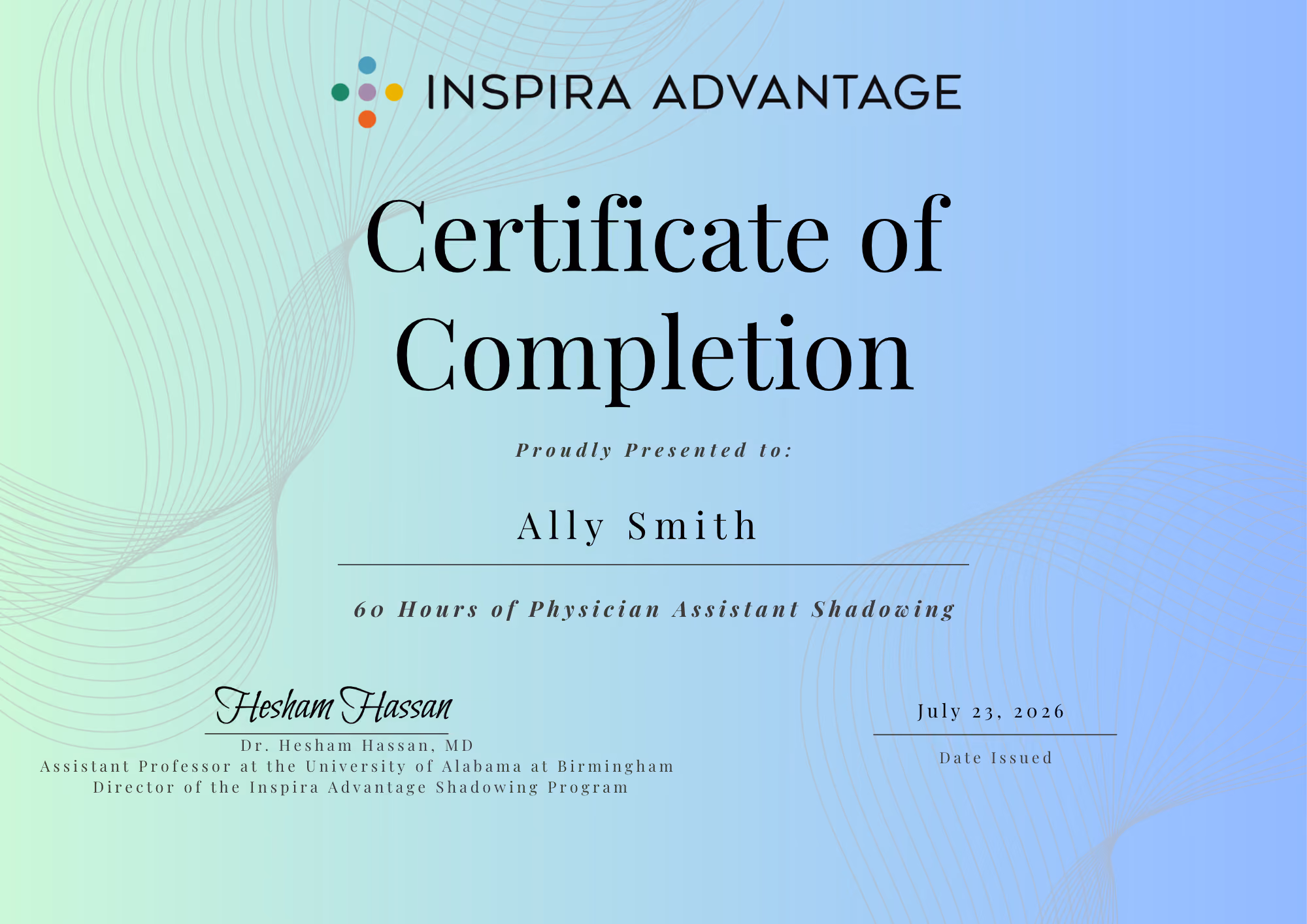 Image of Inspira Advantage's student certificate of completion