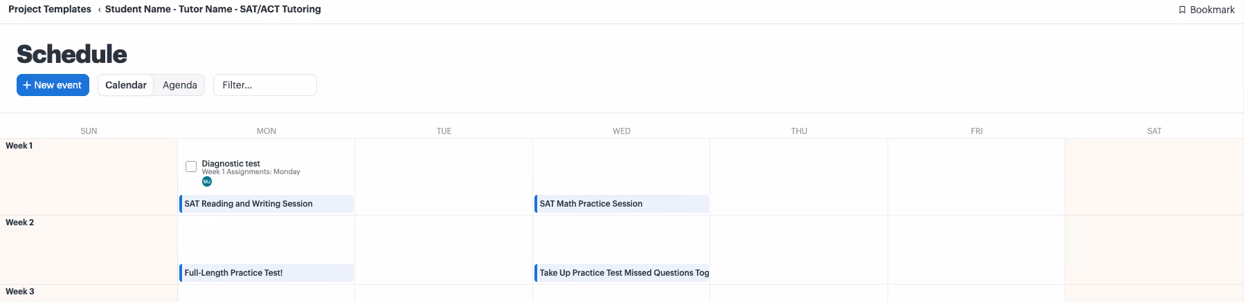 Image of Inspira Advantage's student dashboard, schedule page