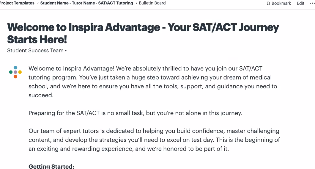 Image of Inspira Advantage's student dashboard, bulletin board