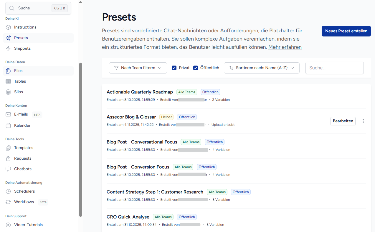 Beispiel für strukturierte KI-Rollen und wiederverwendbare Workflows in einer Agentenplattform (Screenshot aus der Plotdesk-Pilotumgebung)