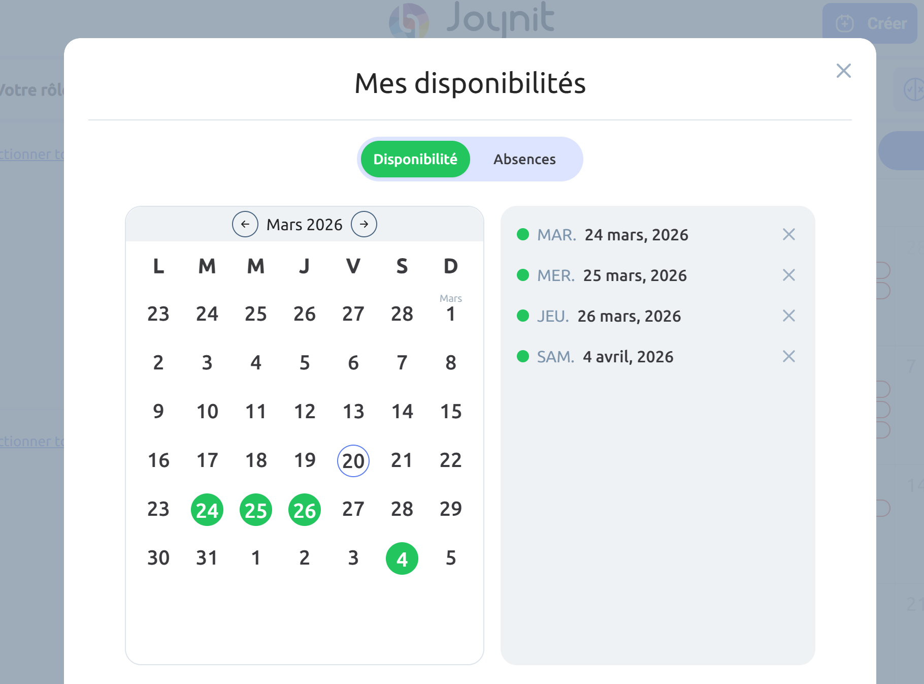 Définir ses disponibilités dans l'agenda partagé