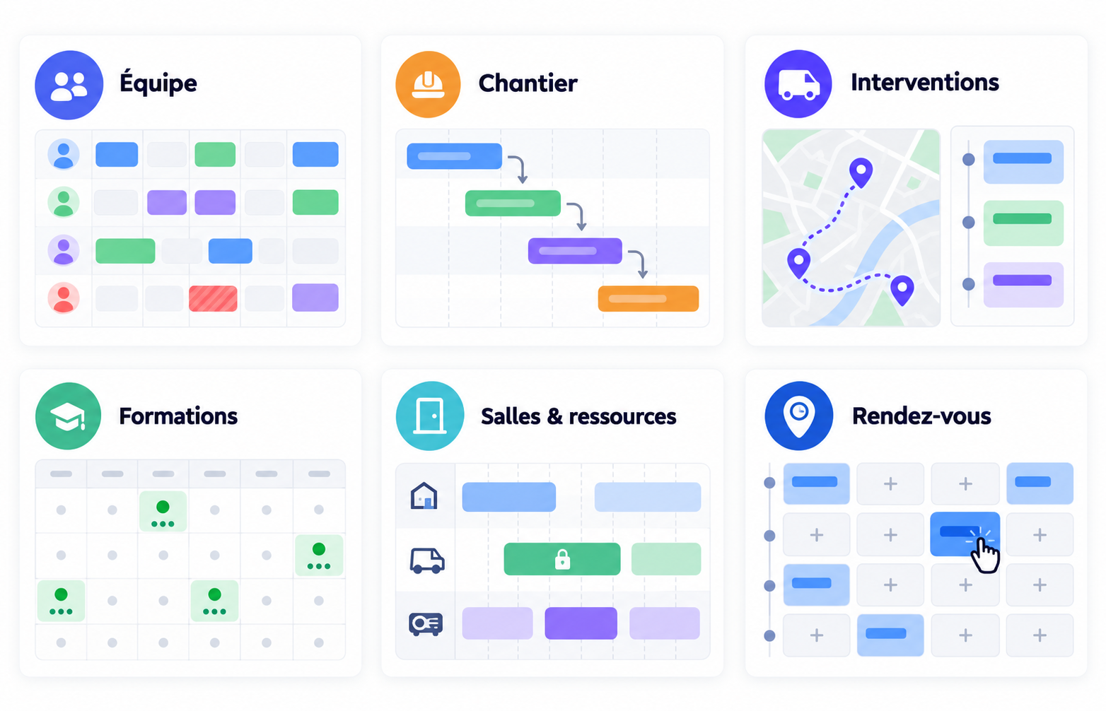 Exemples de plannings partagés : équipe, chantier, interventions, formations, salles, rendez-vous