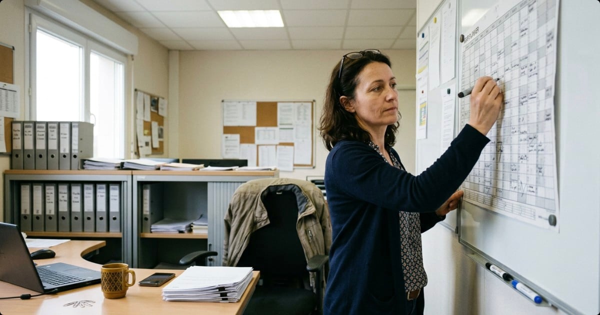 Une acheteuse note des échéances au feutre sur un planning annuel affiché au mur de son bureau.