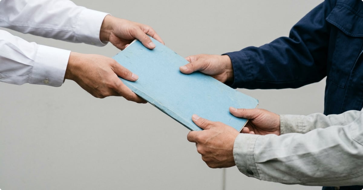 Trois personnes se passent un même dossier de main en main, d'un acheteur en chemise à deux sous-traitants en tenue de travail.