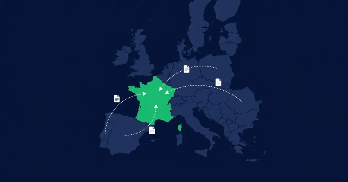 Carte de l'Europe avec la France en vert, vers laquelle convergent des flèches pointillées portant des documents