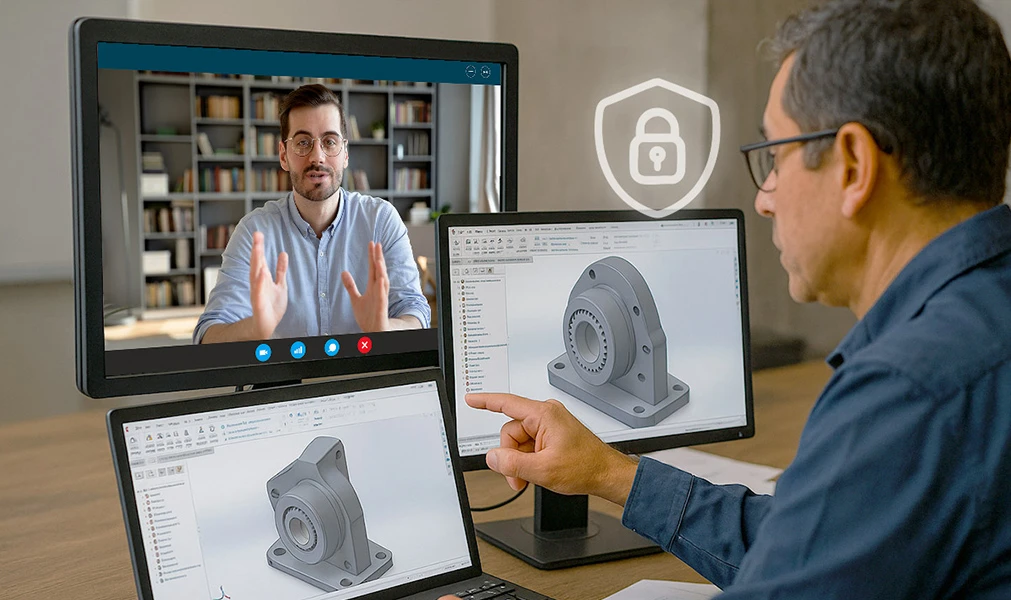Two engineers in different locations reviewing a 3D model on screen via Teams or Zoom