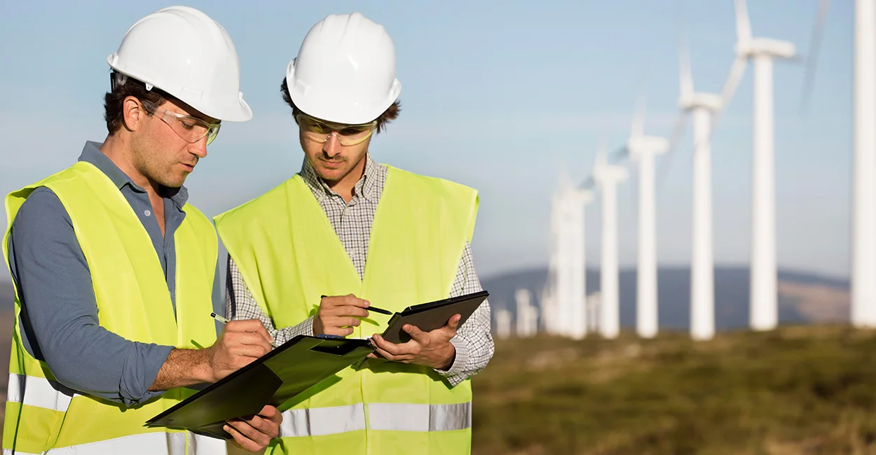 Two engineers in hard hats and yellow safety vests reviewing documents near a field of wind turbines.
