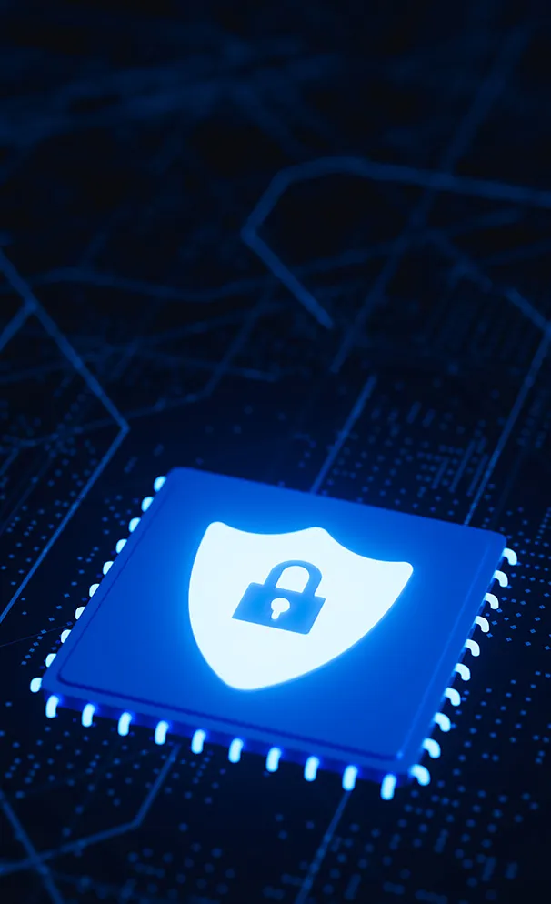 Glowing blue microchip with shield and padlock icon symbolizing data security on a dark circuit board background.