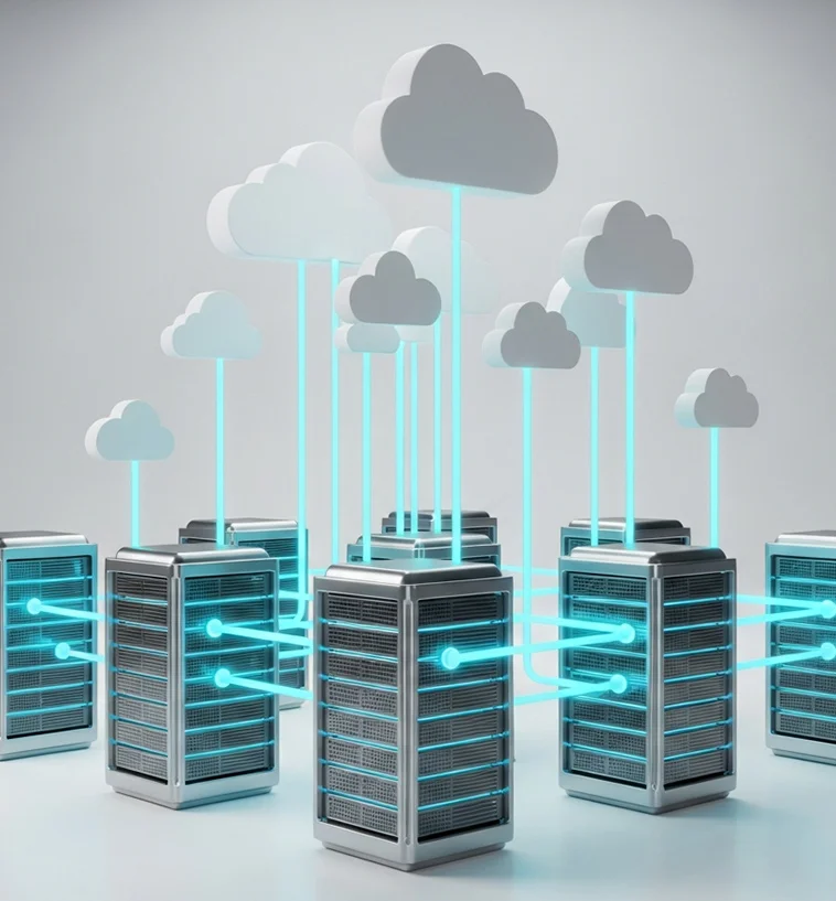 3D illustration of multiple server racks connected to floating cloud icons by glowing blue lines, representing cloud computing or data storage network.
