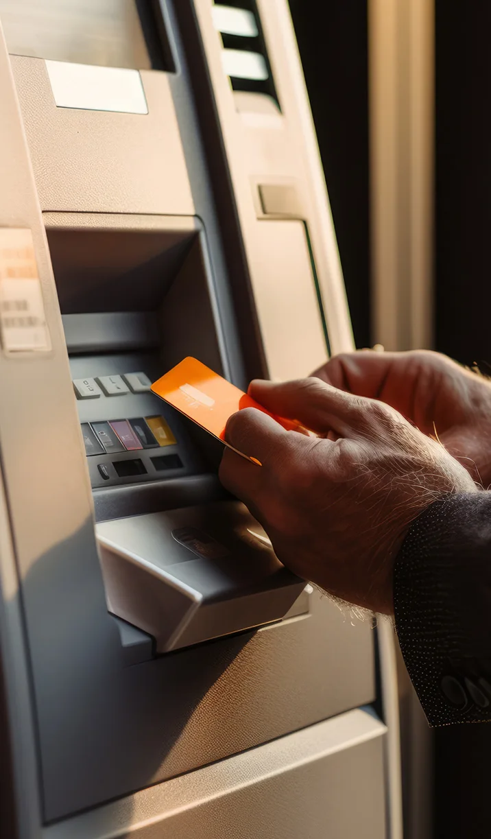 Person inserting an orange bank card into an ATM machine keypad area.