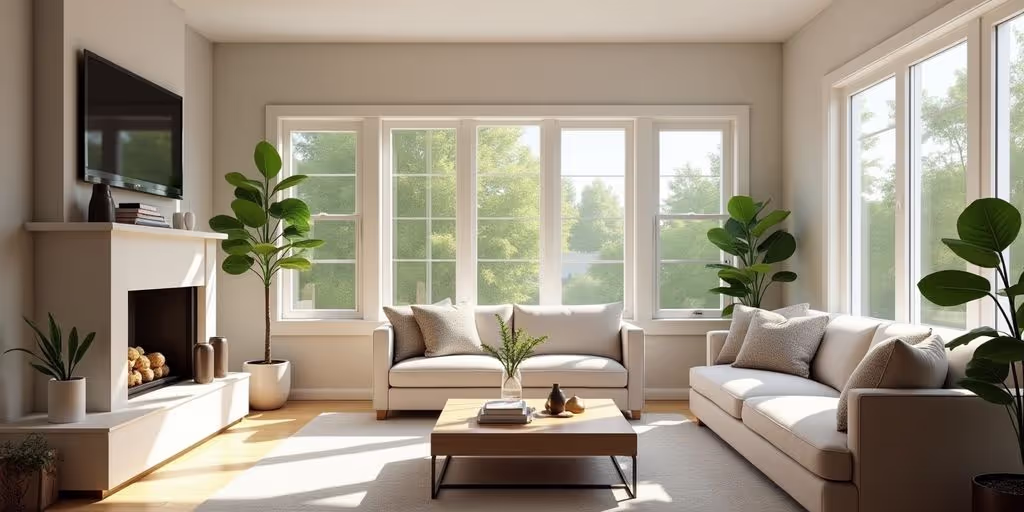 Cozy living room with natural light and stylish decor.