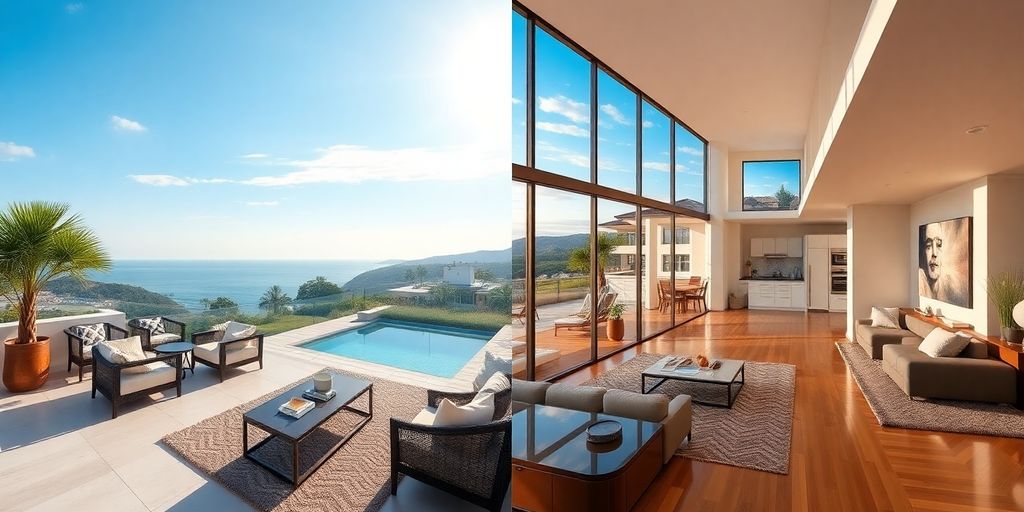 Interior view split between modern home and panoramic outdoor scene.