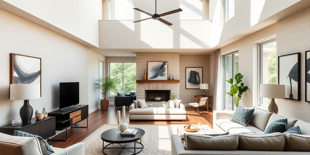 Modern home interior with natural light, elegant furnishings, detailed textures.