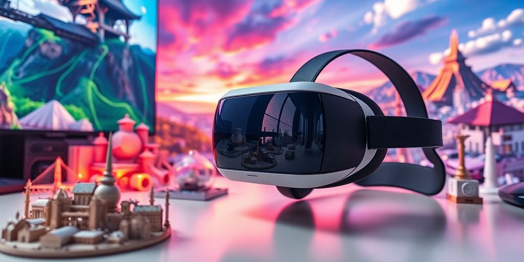 Virtual reality headset with immersive digital landscapes around it.
