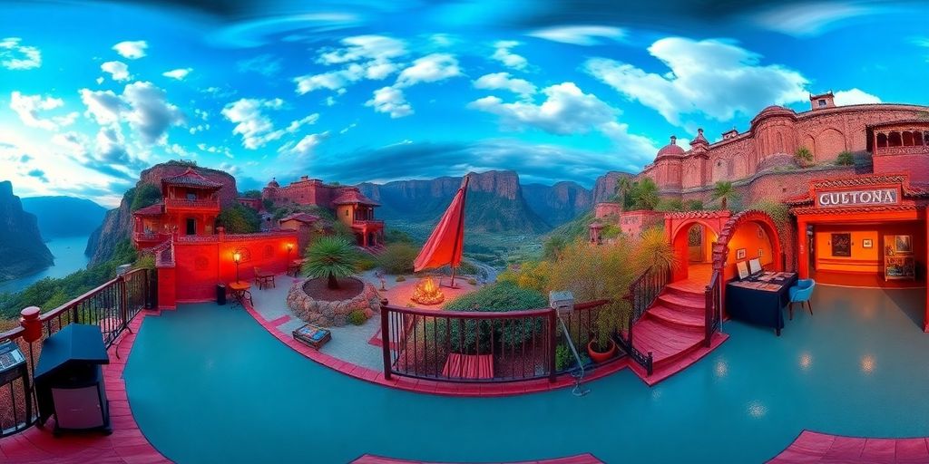 A panoramic view of an immersive virtual tour environment.