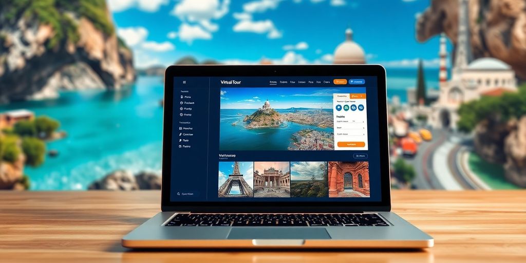 Laptop displaying virtual tour software with scenic backgrounds.
