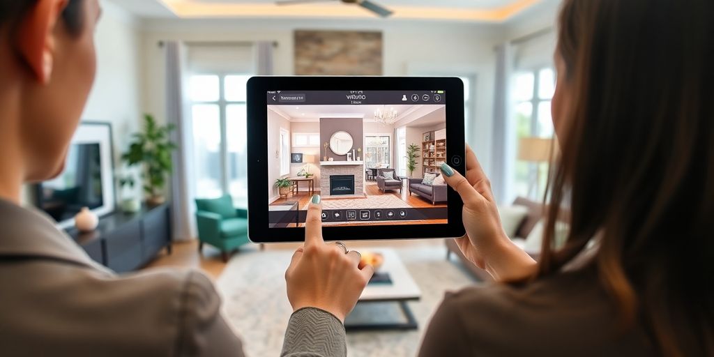 Real estate agent conducting a virtual property tour on tablet.