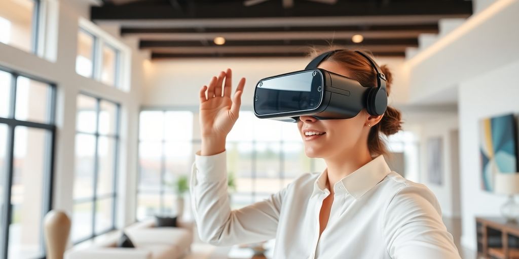 Real estate agent using VR goggles for a virtual tour.