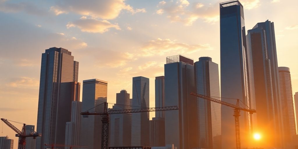 City skyline with construction cranes at sunset.