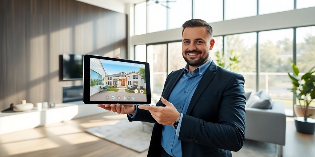 Real estate agent with virtual tour technology in a home.